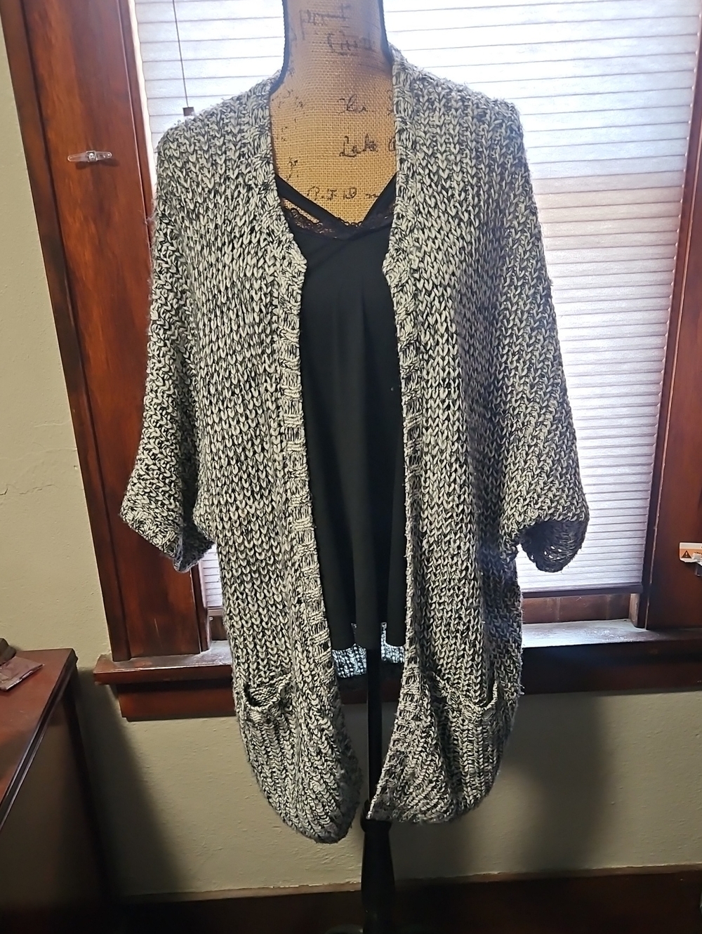 Kensie Black & White Oversized Open-Front Crochet Cardigan
